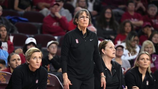 Jan 15, 2023; Los Angeles, California, USA; Stanford Cardinal coach Tara VanDerveer reacts in the second half against the Southern California Trojans at Galen Center. USC defeated Stanford 55-46. Mandatory Credit: Kirby Lee-USA TODAY Sports